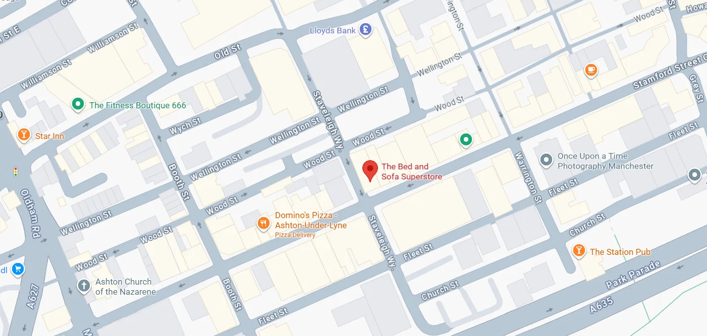 Map showing Ashton Beds & Sofas on Stamford Street Central, Ashton-under-Lyne. Opens in Google Maps